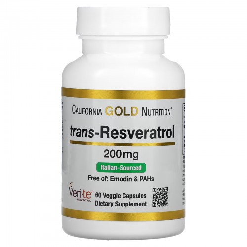 California Gold Nutrition, транс-ресвератрол, итальянского происхождения, 200 мг, 60 растительных капсул California Gold Nutrition, транс-ресвератрол, итальянского происхождения, 200 мг, 60 растительных капсул